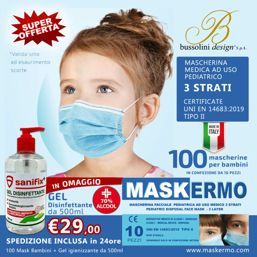 Mascherine MASK-02 ad uso pediatrico TIPO II ( BAMBINI )- 100 pezzi +gel omaggio