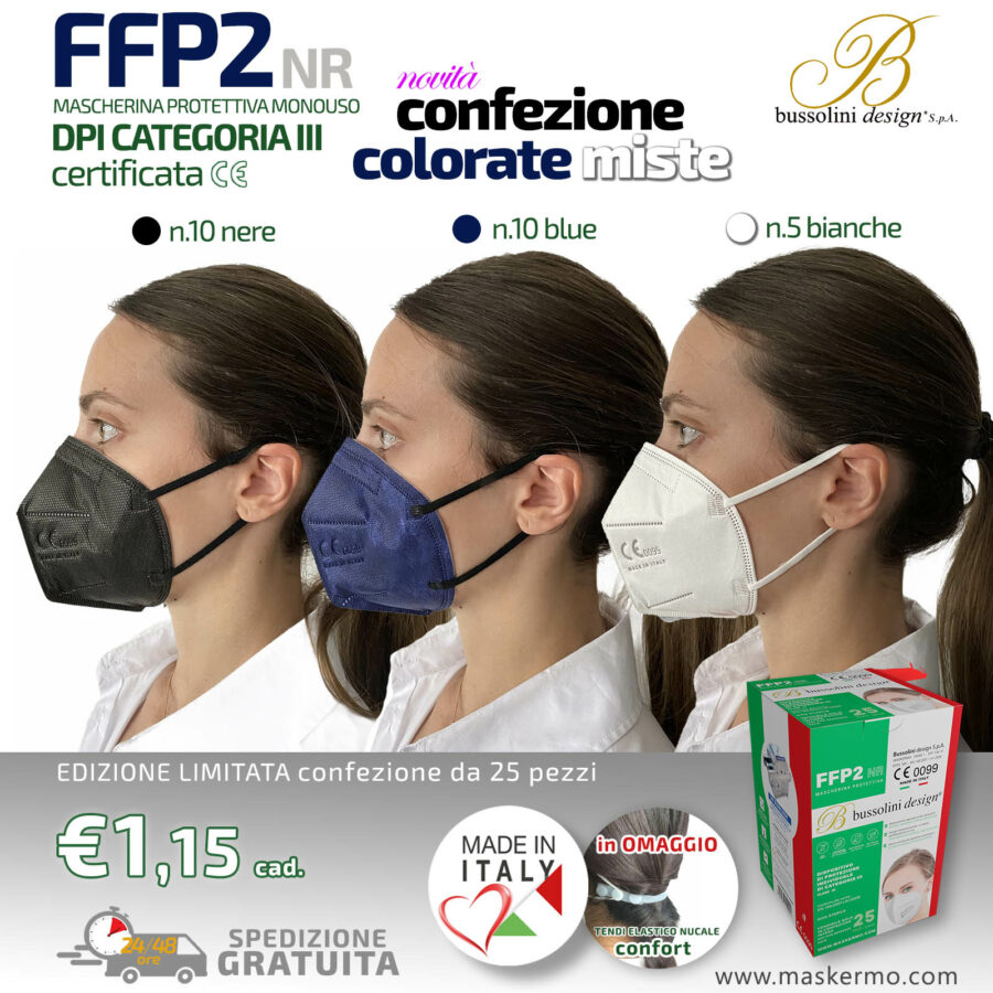 Mascherina FFP2 Made in Italy certificata CE 0099 DPI CAT. III EN 149:2001+A1 2009 – Mista Colorate