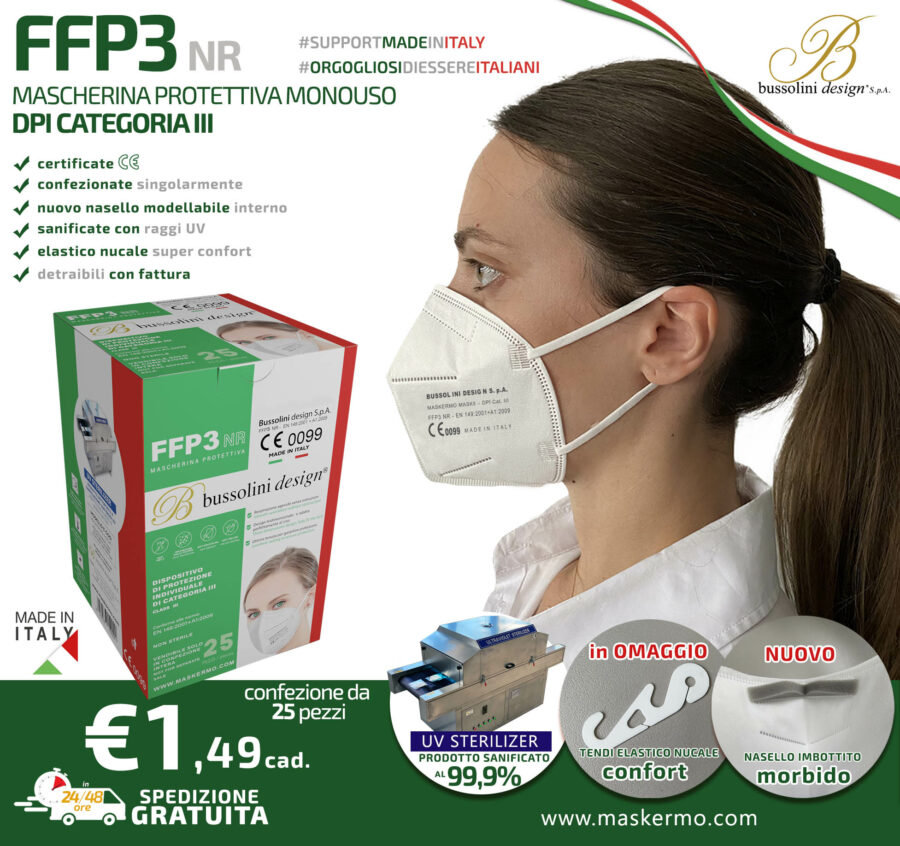 Mascherina FFP3 Made in Italy certificata CE 0099 DPI CAT. III EN 149:2001+A1 2009